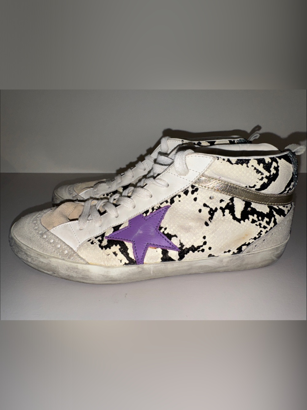 Golden Goose White High-Top Sneakers with Purple Star & Black Splatter